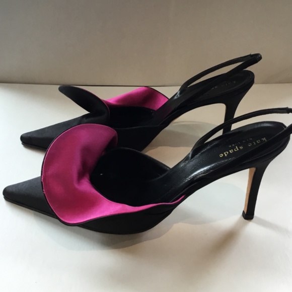 Kate Spade Fuschia and Black Satin sling back evening shoe. Size 10 Heel is 4". - Picture 2 of 5